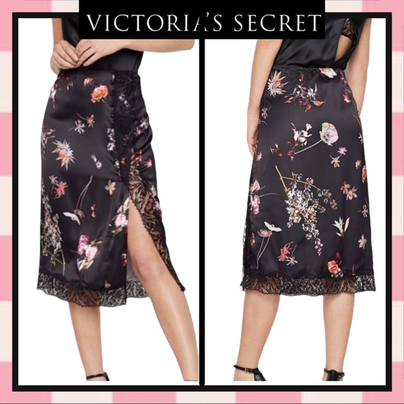 Victoria’s Secret Side Button Slip Skirt Black & Multi Floral Lace Trim Medium - Picture 1 of 8